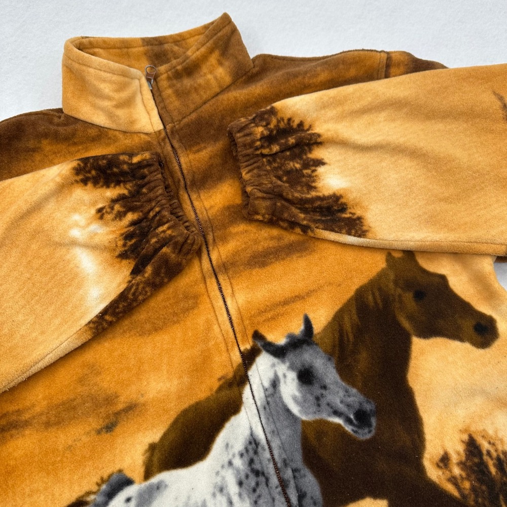 Trail Crest Horse Fleece Jacket Brown Western Graphic Full Zip Mock Neck Medium